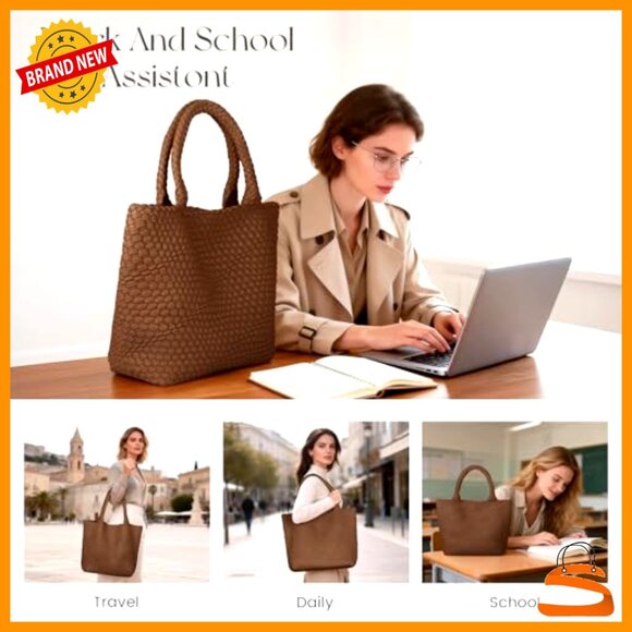 Large Woven Vegan Leather Laptop Tote Bag Lightweight Work Purse Satchel - Picture 3 of 7